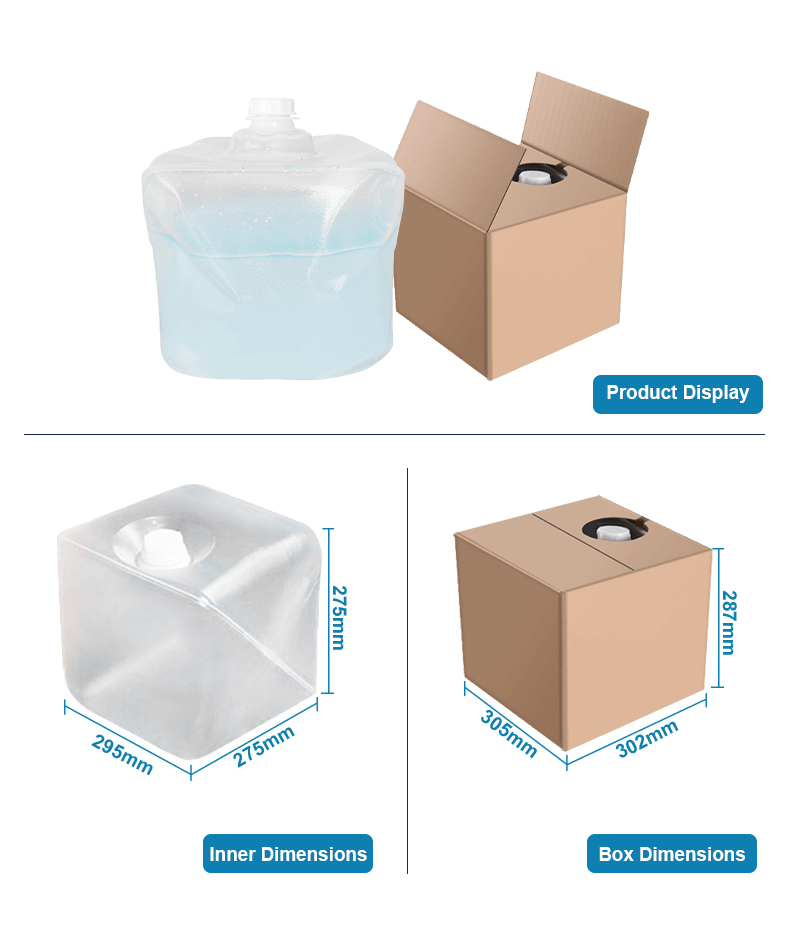 Reference dimensions for the 20L cubitainer body and overall packaging format.