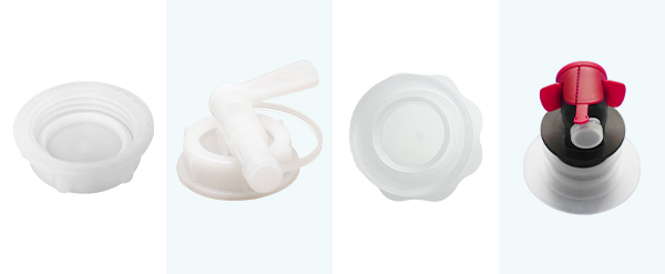 Selection of closures for liquid food packaging: anti-drip valve for sauce dispensing, tapping tap for oil or vinegar, and sealing cap for transport stability